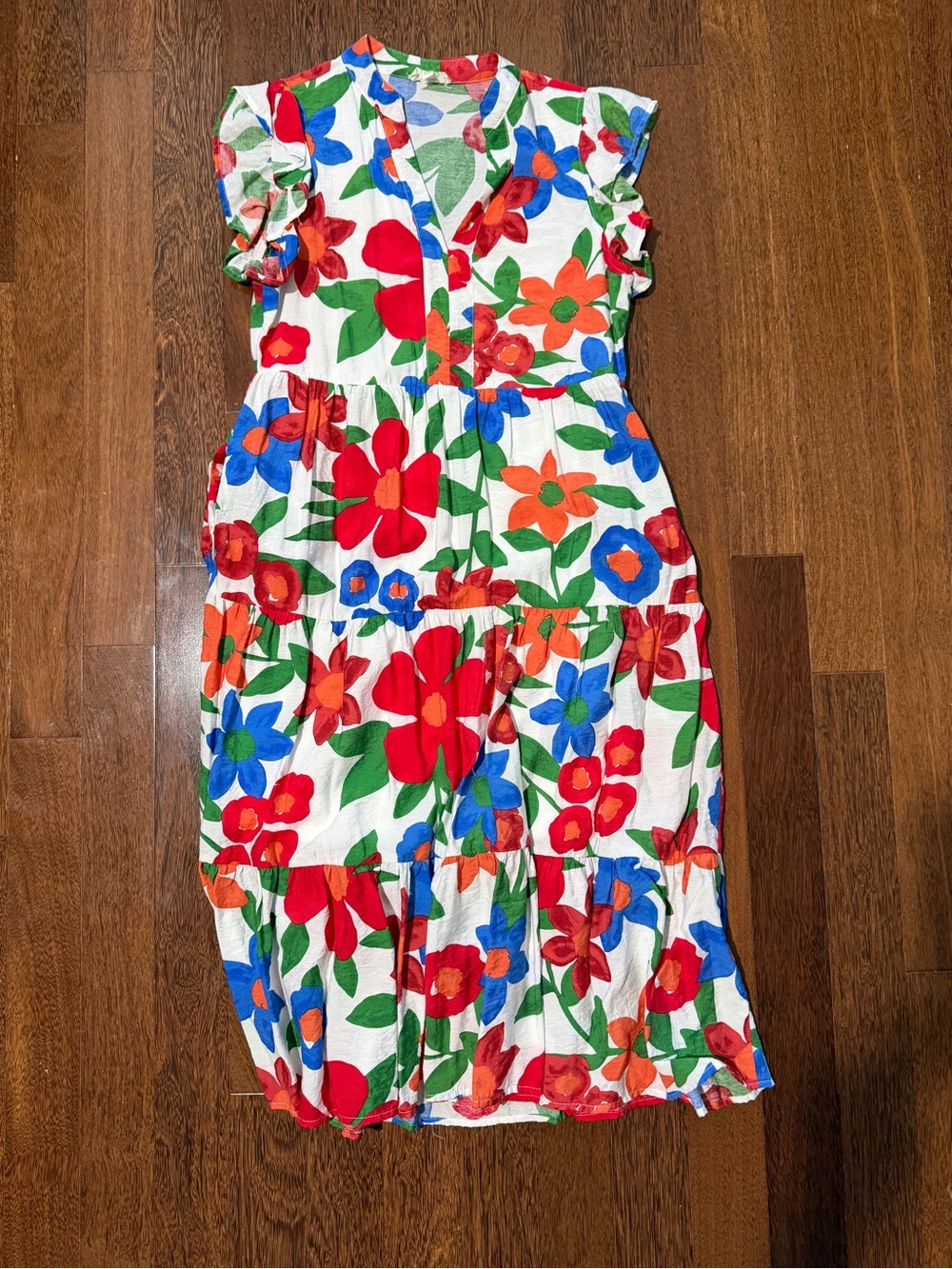 entro White Tiered Dress with Red, Blue & Green Floral Print